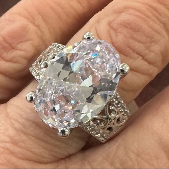 Large Oval Diamond Rhodium Over Sterling Silver Ring (12.18ctw DEW) - Size 7 - Picture 1 of 6